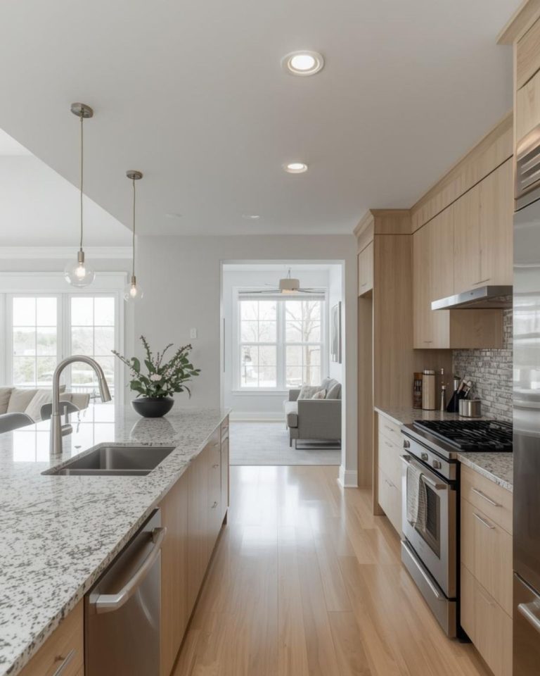 Feature kitchen with island pendants lighting and marble worktops